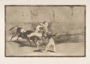 「タウロマキア」のプレート 8: リングで雄牛に捕まったムーア人、1816 年。 作： Francisco de Goya