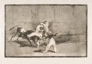 タウロマキアのプレート8：リングの雄牛が捕らえた湿原、1816年。 作： Francisco de Goya
