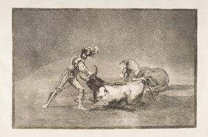 タウロマキアのプレート9：スペインの騎士が馬を失った後、雄牛を殺します。 作： Francisco de Goya