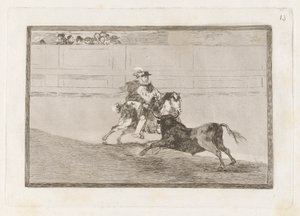 Un caballero espa?ol en plaza quebrando rejoncillos sin auxilio de los chulos (助っ人の助けを借りずに短い槍を壊す土俵のスペイン騎馬騎士)、「ラ タウロマキア」のプレート 13 作： Francisco de Goya