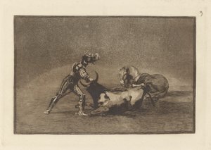 スペインの騎士が馬を失った後に雄牛を殺す、「ラ タウロマキア」のプレート 9 作： Francisco de Goya
