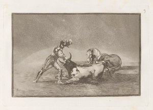 スペインの騎士が馬を失った後に雄牛を殺す、「ラ タウロマキア」のプレート 9 作： Francisco de Goya