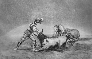 「The Art of Bullfighting」のプレート 9、パブで馬を失った後、スペインの騎士が雄牛を殺します。 1816年（エッチング） 作： Francisco Jose de Goya y Lucientes