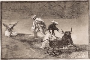 闘牛。ムーア人は囲いの中で他の雄牛とマントを着て遊ぶ 作： Francisco de Goya