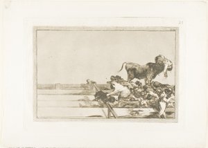 マドリッドのリングの最前列での恐ろしい出来事とトレホン市長の死、The Art of Bullfighting のプレート 21 作： Francisco Jose de Goya y Lucientes