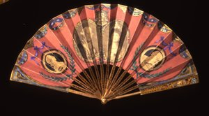 1830年頃、スペインのチャールズ4世、パルマのマリアルイーサ女王、チャールズ3世の肖像画が描かれたファン 作： Francisco de Goya