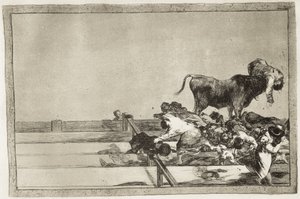 GOYA Y LUCIENTES、Francisco de (1746-1828)。 マドリッドのリングの最前列での恐ろしい出来事と、1801 年のトレホン市長の死。1816 年。「闘牛の芸術」のプレート 21。 エッチング。 スペイン。 マドリッド (自治コミュニティ)。 マドリード。 全国 作： Francisco Jose de Goya y Lucientes