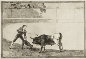 GOYA Y LUCIENTES、Francisco de (1746-1828)。 止まった雄牛を殺すペドロ・ロメロ。 1816. (25.1 x 35.9 cm)。 ロメロ、ペドロ（1754-1839）。 スペインの闘牛士。 「闘牛の芸術」のプレート30。 エッチング。 スペイン。 マドリッド (自治コミュニティ)。 マドリード。 全国 作： Francisco Jose de Goya y Lucientes