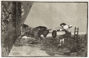 GOYA Y LUCIENTES、Francisco de (1746-1828)。 サラゴサのリングでのマルティンチョ（おそらくアントニオ・エバッサム）の大胆さ。 1816. (24.9 x 35.7 cm)。 「闘牛の芸術」のプレート18。 エッチング。 スペイン。 マドリッド (自治コミュニティ)。 マドリード。 国立図書館 作： Francisco Jose de Goya y Lucientes