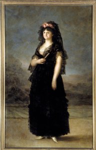 シャルル4世の妻であるスペイン王妃マリー・ルイーズ（1751-1819）の足元の肖像 フランシスコ・デ・ゴヤ（1746-1828）の絵画 19世紀 Sun.2,08x1,27m - マドリッド、プラド美術館 - マンティージャを着用したマリア・ルイサ王妃（1751-1819）の肖像 - 絵画作品 作： Francisco de Goya