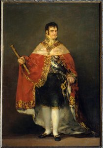 王服を着たフェルディナンド7世（1784-1833）の肖像 フランシスコ・デ・ゴヤ・イ・ルシエンテス（1746-1828）による絵画。1815年頃。マドリードプラド美術館 - 王室のマントをつけたフェルディナンド7世（1784-1833年）の肖像。フランシスコ・デ・ゴヤ・イ・ルシエンテスの絵画 作： Francisco de Goya