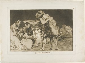病気の彼女はそう言うチャンスを決して逃さない、『ロス プロバービオス』のプレート 7 作： Francisco Jose de Goya y Lucientes