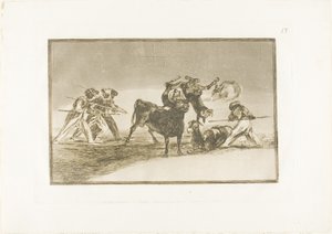 ムーア人はロバを障壁として使って、角の先端にボールがついた雄牛から身を守ります。 The Art of Bullfighting のプレート 17
