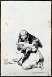 悪い女（Mala mujer）。邪悪な女。人肉食のシーン、魔女が子供を食い殺す。フランシスコ・ゴヤ・イ・ルシエンテス（1746-1828）のグレーの水彩画 日。0.21x0.14 m パリ、ルーヴル美術館（Musee du Louvre 作： Francisco de Goya