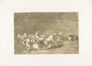 1頭の雄牛によって次々と投げられるピカドールの2つのチーム、The Art of Bullfightingのプレート32 作： Francisco Jose de Goya y Lucientes