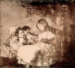 「「女性が2人の子供に物語を読む」」フランシスコ・デ・ゴヤ・イ・ルシエンテス（1746-1828）によるリトグラフ。 1819-1822。 マドリード。 国立図書館