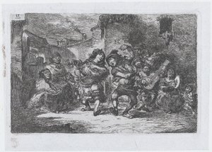 プレート 17: 1850 年の一連の習慣と娯楽からのストリート ミュージシャンとダンスの人物。 作： Francisco Lameyer Berenguer