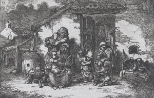 プレート 19: 家の外で犬と遊ぶ家族と少年、1850 年の一連の習慣から。 作： Francisco Lameyer Berenguer