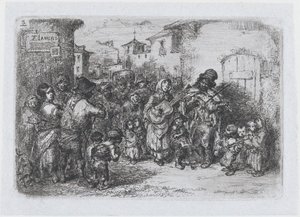 プレート 3: ストリート ミュージシャンのグループ、スペインの一連の習慣と娯楽から..., 1850. 作： Francisco Lameyer Berenguer