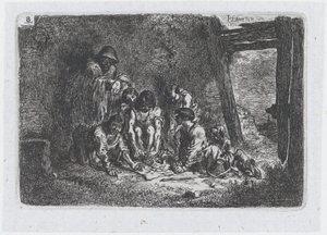 プレート 8: ゲームをしている人物のグループ、1850 年の一連の税関から。 作： Francisco Lameyer Berenguer