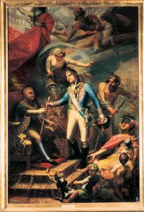 スペインのカルロス 4 世 (1748-1819) がマヌエル ゴドイ (1767-1851) を海軍大将に任命 作： Francisco Llacer y Valdermont