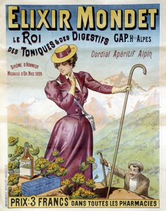 1900年のエリクシール・モンデの広告ポスター「トニックとダイジェスチョンの王様、コーディアル・アペリティフ・アルペン」。 作： Francisco Tamagno