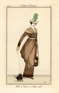 コーヒー色のサテンのパニエドレスを着た女性とペットの犬、トンマソ・アントンジーニの『Journal des Dames et des Modes』からのエッチング、Aux Bureaux du Journal des Dames、パリ 作： Francesc Xavier Gosé