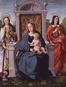 聖カタリナと福音書記者ヨハネのいる聖母子像 1530-40年頃（パネル）