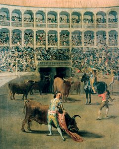 ケープを被った闘牛や、ケープの打撃の様子。フランシスコ・デ・ゴヤ・イ・ルシエンテス（1746-1828）の金属に描かれた絵画。1793. 作： Francisco de Goya