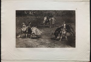 闘牛：アシスタントの肩に取り付けられた闘牛士、闘牛の槍、1876年。 作： Francisco de Goya