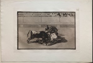 闘牛: 馬に乗っていないピカドールが雄牛の下に落ちる 作： Francisco de Goya