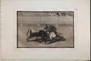 闘牛：ピカドールは馬に乗らず、雄牛の下に落ちる、1876。 作： Francisco de Goya