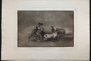 闘牛：1876年、スペインの騎士が馬を失った後、雄牛を殺します。 作： Francisco de Goya