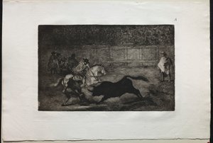 闘牛：アシスタントの助けを借りて短槍を破壊するスペイン騎馬騎士、1876年。 作： Francisco de Goya