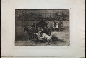 闘牛: 2 頭のラバにつながれた馬車で戦う 作： Francisco de Goya