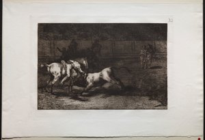 闘牛：マリアーノセバロス、インディアンのエイリアス、1876年に彼の馬から雄牛を殺す。 作： Francisco de Goya