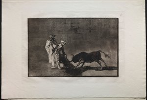 闘牛：ムーア人は、1876年にバーヌスと雄牛を呼ぶリングで別のプレーをします。 作： Francisco de Goya