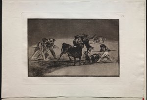 闘牛: ムーア人はロバを障壁として使用して、角にボールがついた雄牛から身を守ります 作： Francisco de Goya