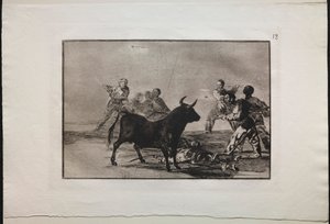 闘牛：槍、鎌、バンデリラ、その他の腕で雄牛をハムストリングスにするがらくた 作： Francisco de Goya