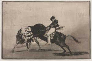 闘牛：別の雄牛に乗った同じCeballosがリング内の短い槍を破る、1876。 作： Francisco de Goya