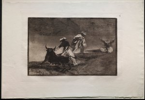 闘牛: 囲いの中でマントを使って別のプレーをする 作： Francisco de Goya