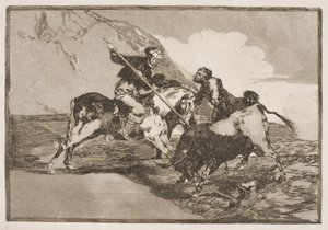 昔のスペイン人が平原で馬に乗って雄牛を狩った方法. 作： Francisco de Goya