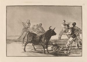 ランス、鎌、バンデリラ、その他の腕で雄牛をハムストリングスにするがらくた 作： Francisco de Goya