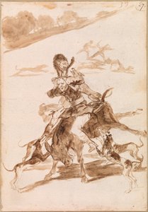 ロバに乗った男に猫を追いかける犬 作： Francisco de Goya