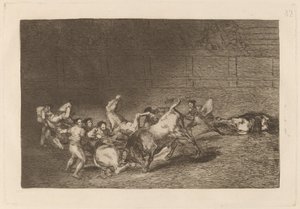 1頭の雄牛から次々と放たれる2チームのピカドール 作： Francisco de Goya