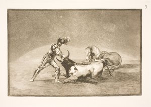 スペインの騎手が馬を失った後に雄牛を殺す 作： Francisco de Goya