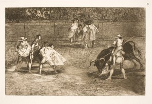 アシスタントの肩に座っている闘牛士は、雄牛を禁止します 作： Francisco de Goya