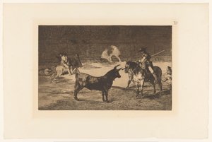 Fernando del Toro daagt een stier uit かの有名なフェルナンド・デル・トロ、バリラルゲロがポールで野獣を追い込む Stierengevechten (シリーズタイトル) La Taureaumachie (シリーズタイトル) 闘牛（シリーズタイトル） 作： Francisco de Goya