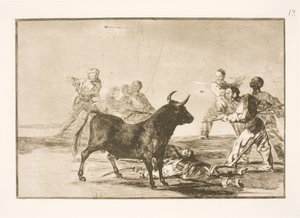 人々は雄牛を槍、鎌、バンデリラ、その他の武器で刺します 作： Francisco de Goya