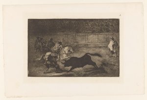 馬に乗った男が雄牛に槍を突き刺す Un cavalier espagnol brisant des 